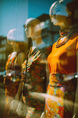 A vintage boutique storefront displays mannequins dressed in vibrant 70s attire. Reflections in the glass and natural morning light create a nostalgic and stylish ambiance.の素材