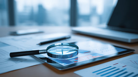 A sleek office desk featuring a tablet with digital graphs, a magnifying glass, and documents, embodying a modern corporate environment with a minimalist aesthetic.の素材