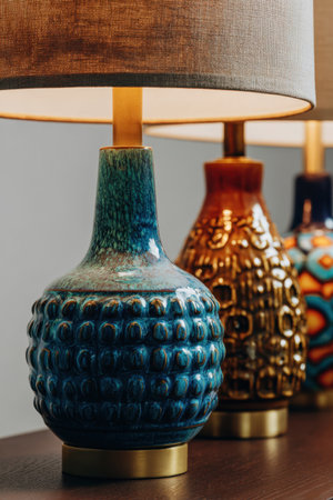 Close-up image of decorative retro lamp bases from the 1960s, featuring ceramic and brass textures. The lamps are lit from one side and isolated on a neutral surface.の素材