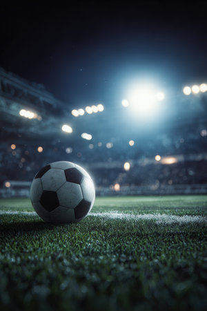 A soccer ball rests at mid-field during a night match, illuminated by bright spotlights. The distant stands are blurred, creating an intense and cinematic sports atmosphere.の素材