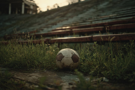 An old, worn soccer ball rests in an abandoned stadium, surrounded by decaying seats and overgrown grass. The scene evokes a nostalgic, post-apocalyptic atmosphere with cinematic stillness.の素材