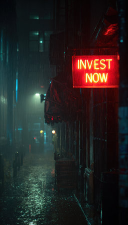 A flickering neon "Invest Now" sign illuminates a dark, rainy alley, creating a cinematic noir atmosphere. This scene metaphorically represents the risks of shady investments.の素材