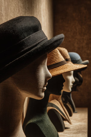 A studio-lit lineup of vintage hats, including berets, pillbox, fedoras, and sun hats, displayed on mannequin heads against a textured backdrop, showcasing classic fashion styles.の素材