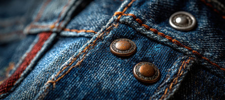 Detailed close-up of vintage denim showcasing seams, rivets, and stitching with a faded wash. Ideal for fashion material backgrounds or design projects requiring texture.の素材