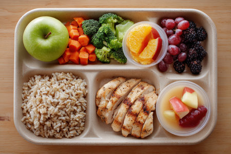 A nutritious school meal featuring brown rice, grilled chicken, assorted vegetables, and a fruit cup, served on an eco-friendly tray. Ideal for promoting healthy eating habits.の素材