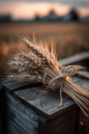 A bundle of wheat tied with twine rests on a wooden crate in a field during golden hour. The rustic, organic composition highlights the natural beauty of the countryside.の素材