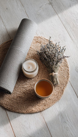 A high-angle view of a rolled yoga mat, a lit scented candle, and a cup of herbal tea on a white wooden floor, symbolizing wellness, relaxation, and balance in a serene setting.の素材