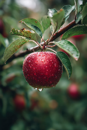 A hyperrealistic macro shot of a red apple hanging from a tree branch, covered in morning dew. The blurred background of orchard foliage enhances the vibrant detail of the apple.の素材