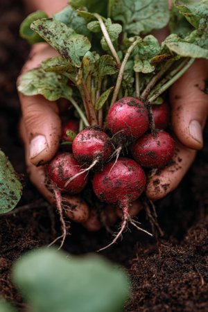 Close-up image of hands gathering fresh radishes from a garden bed. The radishes have red skins covered with soil, and the leaves display a crisp texture, highlighting organic farming.の素材