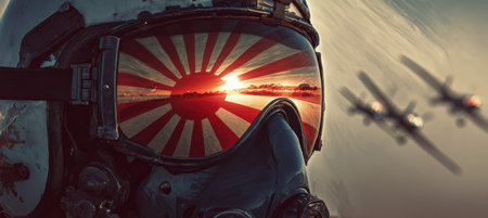 A pilot's visor reflects the Japanese flag against a backdrop of a rising sun sky. Airplanes in motion add dynamic energy to this minimalist, cinematic realism scene.の素材