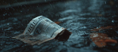 A newspaper with a visible crisis headline floats in rainwater, creating a cinematic and melancholic atmosphere. The storytelling photography captures a sense of urgency and despair.の素材