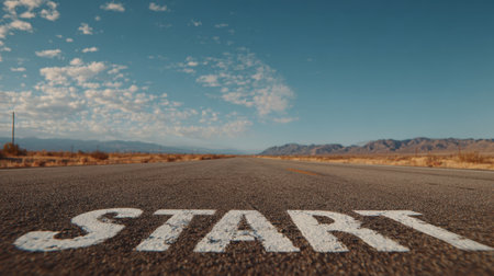 Wide-angle view of an open road with "START" marking in the foreground. The scene features a clear blue sky and a distant horizon, evoking a sense of motivation and adventure.の素材