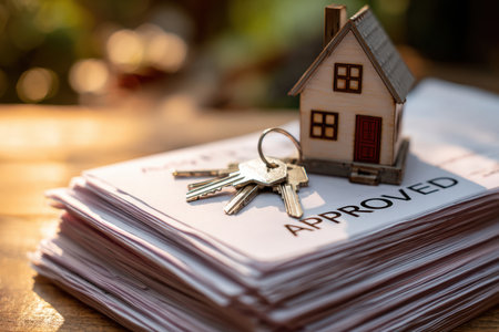 A miniature house and keys rest on a stack of documents labeled "APPROVED," symbolizing mortgage approval and success, captured in warm daylight with cinematic realism.の素材