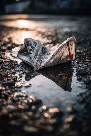 A folded newspaper lies in a puddle, reflecting a dramatic and cinematic mood. The close composition and lighting create a sense of symbolic storytelling and realism.の素材