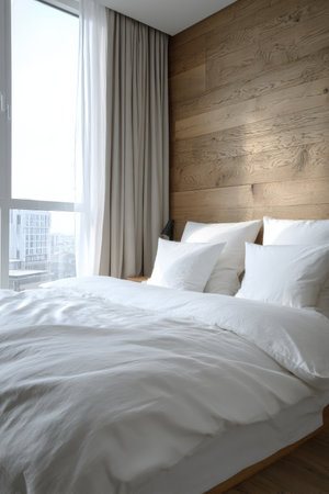A minimalist urban apartment bedroom featuring a wooden wall texture, soft white linens, and neutral tones. The space is illuminated by balanced natural lighting, showcasing architectural realism.の素材