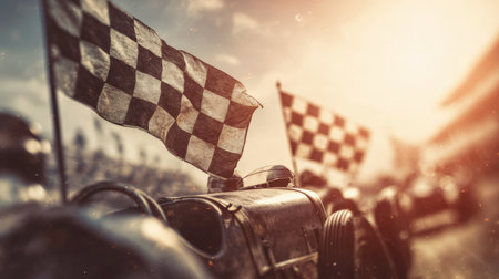 A checkered flag waves over vintage race cars, creating a nostalgic atmosphere with warm tones and film grain texture. The scene captures cinematic retro realism and racing history.の素材