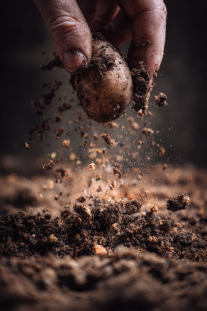 Close-up image of fingers digging into soil to extract a potato, showcasing the texture and grit of earth clumps breaking apart. Captures the essence of farming and harvest.の素材