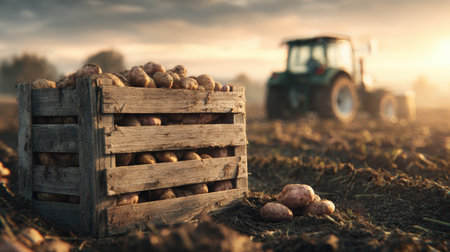 A wooden crate filled with freshly harvested potatoes sits on a vast field, with a tractor working in the background at sunset, creating a warm, nostalgic, cinematic atmosphere.の素材