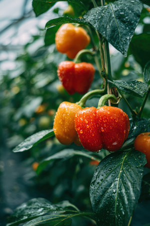 Close-up image of ripe bell peppers with dewdrops, hanging from plants inside a well-lit greenhouse. The macro-style shot highlights the detailed textures of the leaves and peppers.の素材