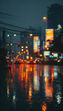 A cinematic scene of a rainy city evening featuring glowing billboard reflections on wet streets and bokeh traffic lights in the background, creating a moody urban atmosphere.の素材