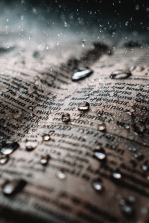 Close-up macro image of newspaper text covered in raindrops, featuring a blurred background. The dramatic cinematic tone enhances the realism and detail of the scene.の素材