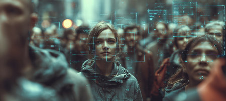 A cinematic depiction of an urban dystopia featuring a crowd with holographic face detection, digital grids, and data streams overlay, creating a futuristic and immersive atmosphere.の素材