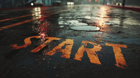A cinematic scene of a rainy morning road with "START" painted on wet asphalt. The natural lighting and reflections create a reflective and moody atmosphere.の素材