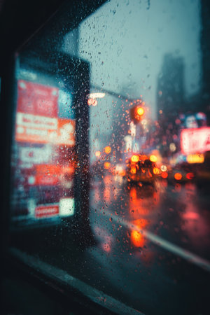 Photorealistic image of a billboard viewed through a rain-soaked glass surface. The scene captures a moody, cinematic tone with vibrant reflections and atmospheric lighting.の素材