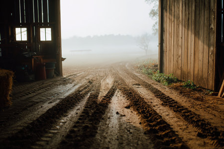 Tractor tire tracks extend from a barn into misty fields, capturing the serene early morning atmosphere. The realistic lighting and perspective create a storytelling scene.の素材