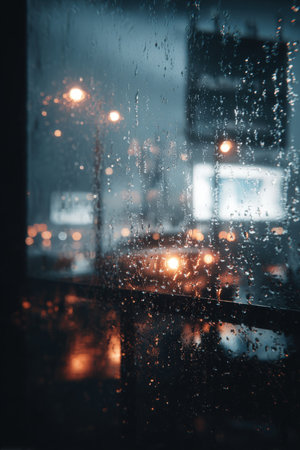 Photorealistic image of a billboard seen through a rain-soaked glass surface. The scene captures a moody, cinematic tone with reflections and blurred city lights in the background.の素材