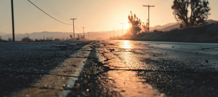 An empty road at dawn shows remnants of a cleared crash, with skid marks and debris visible. The early morning light casts a melancholic tone, creating a minimalist, realistic scene.の素材