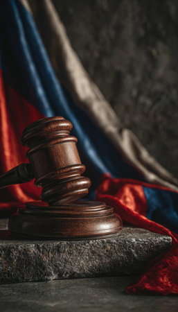 A wooden gavel rests on a stone pedestal with a softly folded Russian flag in the background. Captured in moody, dramatic lighting, this image showcases painterly realism in a low-angle close shot.の素材