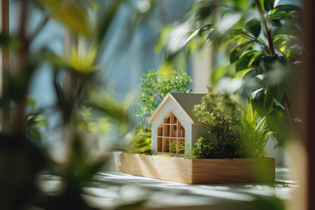 A detailed model of a sustainable eco-house surrounded by lush green plants, set in a daylight cinematic style. The scene suggests a real estate discussion in the background.の素材