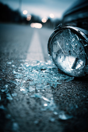 Macro shot of a broken car headlight with shattered glass scattered on asphalt. The shallow depth of field and emotional tone highlight the aftermath of an accident.の素材