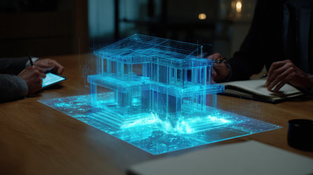 A futuristic holographic house model is projected on a table, guided by an AI real estate assistant. The scene blends sci-fi realism with modern technology, showcasing innovation.の素材