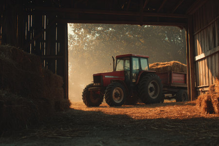 A red tractor with a trailer full of hay is parked in front of an open barn door. The scene is illuminated by golden light, with dust particles creating a cinematic atmosphere.の素材