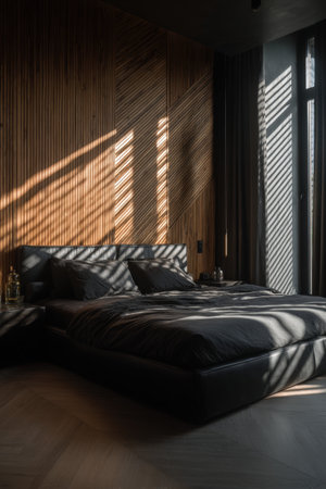 Elegant minimalist bedroom featuring a black frame bed and a wooden accent wall. Sunlight streams onto the floor, creating a cozy yet refined atmosphere in an architectural style.の素材