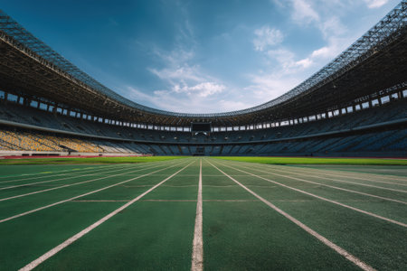 A wide-angle view of a modern outdoor sports stadium featuring a green field, running track, empty seats, and a bright clear sky, ready for upcoming competitions.の素材