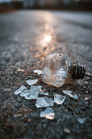 A detailed close-up of a broken headlight and shattered glass scattered on asphalt. The image captures the scene with a shallow depth of field, emphasizing an emotional tone.の素材