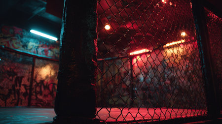 A professional fight cage in a smoky underground venue, featuring dark walls and graffiti textures. Neon red highlights and dramatic lighting create an urban street fight aesthetic.の素材