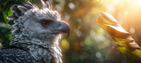 Close-up of a harpy eagle with the Brazilian flag in the background, set in a tropical rainforest. The image captures the eagle's feathers and eyes with cinematic sharpness and golden sunlight.の素材