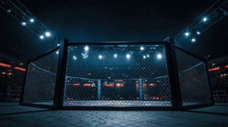 An octagon fighting cage inside a packed sports arena at night, illuminated by neon lights. The steel fence glistens, creating a moody atmosphere with blue tones and subtle smoke.の素材