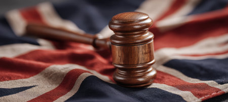 A minimalistic gavel rests on British flag fabric in a clean studio shot, symbolizing justice and law. The artistic photo style emphasizes the symbolic elements.の素材