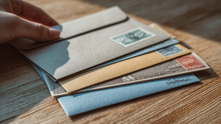 A hand places cash into envelopes labeled rent, utilities, groceries, and savings on a wooden surface. The image captures a home budgeting concept with natural lighting.の素材