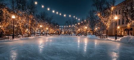 A serene winter scene featuring a snow-covered outdoor skating rink in a town square, illuminated by glowing fairy lights. The cozy atmosphere captures the essence of a festive winter evening.の素材