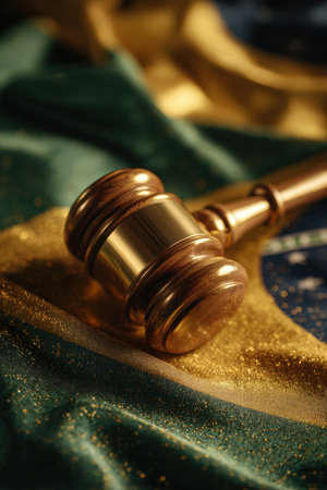 A golden gavel rests on a velvet surface with the Brazilian flag in the background, illuminated by a warm sunlight glow. The image captures artistic legal symbolism in a macro view.の素材