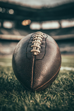 A classic leather football rests on stadium grass, captured in a nostalgic vintage style with sepia color grading, evoking an old film aesthetic in a centered frontal view.の素材
