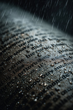 Close-up macro image of newspaper text covered in raindrops, featuring a blurred background. The dramatic, cinematic tone enhances the realism and detail of the scene.の素材