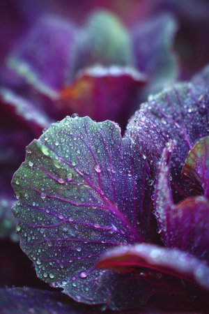 High-detail macro image of dew-covered red cabbage leaves in the early morning, showcasing vivid purple and green tones. The droplets enhance the texture and color contrast.の素材