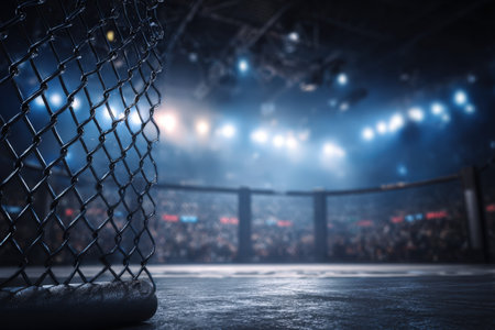 A cinematic view of an empty MMA fighting cage illuminated by bright white and blue spotlights. The metallic mesh walls and faint audience blur create a dramatic, misty atmosphere.の素材